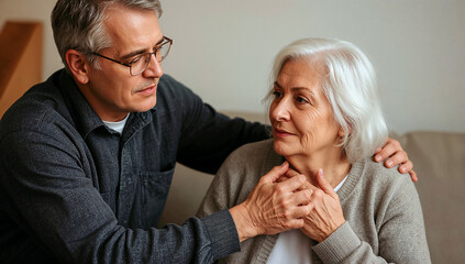 Anonymous senior man comforting his elder wife while holding hands