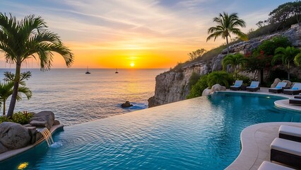 Sunset Serenity - Infinity Pool Overlooking Ocean with Palm Trees and Golden Sky.