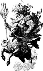 Vintage Engraving of Poseidon Riding a Horse with Trident — Mythological Ocean God Retro Etching Illustration