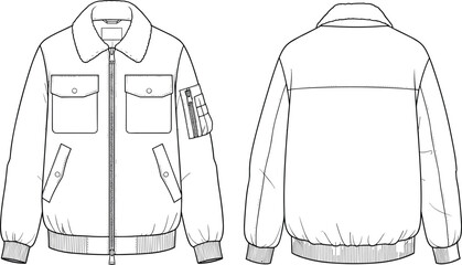 Men's aviator bomber jacket featuring fur collar, chest patch pockets and sleeve zipper, front and back technical cad drawing flat vector illustration