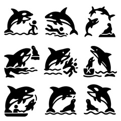 Obraz premium A dramatic collection of black silhouette and outline icons featuring the Orca or Killer Whale, often depicted in their marine environment.