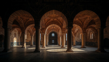 Architectural arches in a dramatic interior with light and shadow