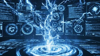 Blue futuristic interface with multiple screens displaying data and digital information panels - Powered by Adobe