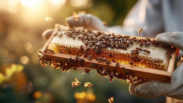 A beekeeper holding a honeycomb frame filled with bees and honey, illuminated by soft sunlight in a natural setting.