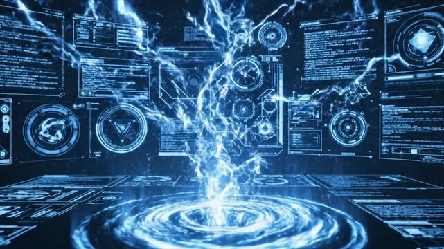 Blue futuristic interface with multiple screens displaying data and digital information panels - Powered by Adobe