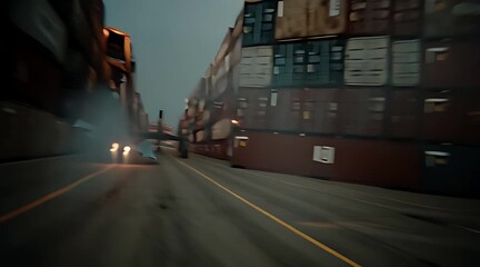 Cinematic sci-fi scene of a futuristic fighter jet escaping a massive explosion in a cargo container terminal - Powered by Adobe