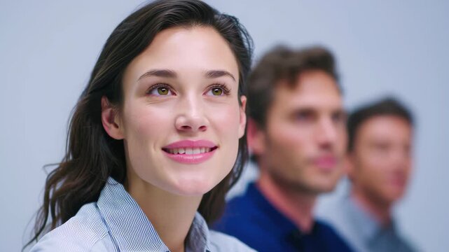 Confident businesswoman portrait professional female office meeting teamwork focus leadership workplace modern corporate training collaboration optimistic mood inspiring ambiance with diverse team