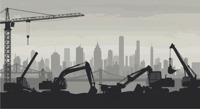 A collection of heavy construction machinery silhouettes.