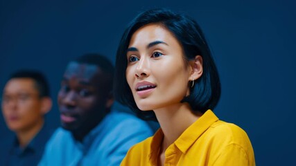 Smiling woman yellow shirt, side profile, with diverse team office meeting collaboration and brainstorming modern workspace professional focus, leadership, strategy, communication, success, diversity - Powered by Adobe