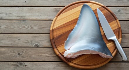 Raw shark fin with kitchen knife on round wooden cutting board over wooden table. Top-view food preparation composition. Cooking ingredients concept