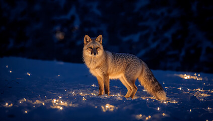Obraz premium Arctic fox on snowy hill bathed in golden lantern light