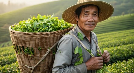 Asian farmer with straw hat carrying a basket full of tea leaves on his back.