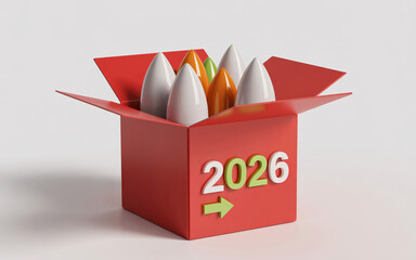 A red box with the year 2026 and an arrow filled with white orange and green cone shapes inside it