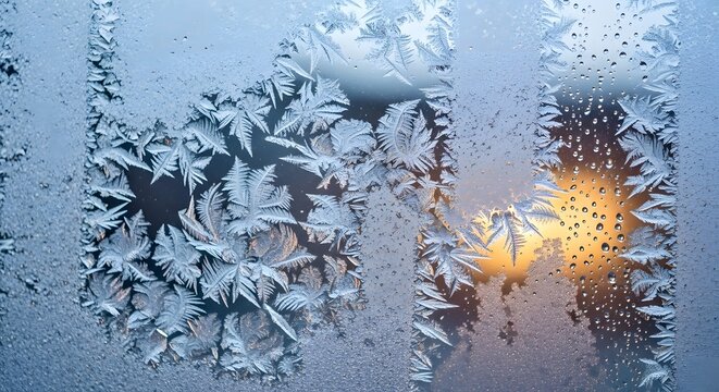 Close-up of frost patterns on a window pane, with a blurred light source visible through the ice crystals.