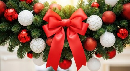 Festive christmas wreath with red bow and white ornaments
