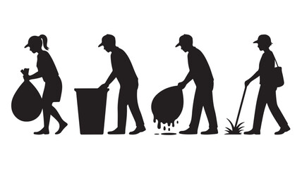 Silhouetted people cleaning up trash vector illustration showing community service and environmental responsibility isolated on white