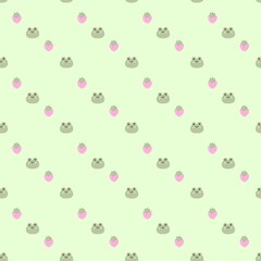 Cute frog and strawberry seamless pattern on pastel green background 