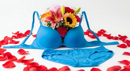 Blue bra and panties set with assorted fresh flowers including lilies, sunflowers, peonies and carnations surrounded by red rose petals on white background