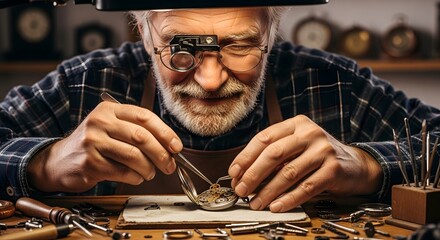 Elderly watchmaker meticulously repairing a vintage pocket watch movement with specialized tools and a magnifying loupe at his workbench.
