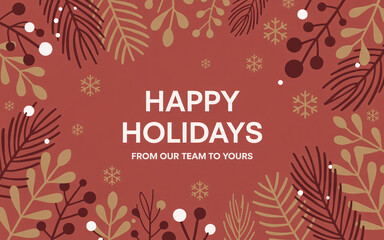 Happy holidays greeting card with floral and snowflake design on a terracotta background