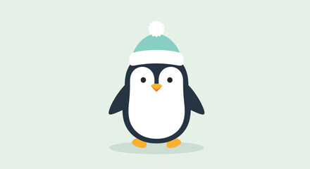 Fototapeta premium A cute cartoon penguin wearing a blue and white winter hat with a pompom stands on a light green background.