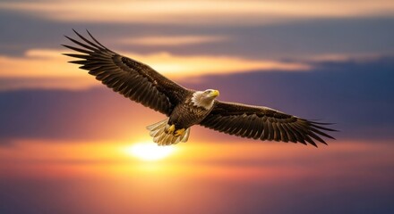 Fototapeta premium Majestic White-Tailed Eagle Soaring with Wings Spread Against a Vibrant Sunset Sky Over Reflective Water