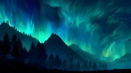 Dramatic green and blue auroras swirl above dark silhouetted mountains and pine forests at night.