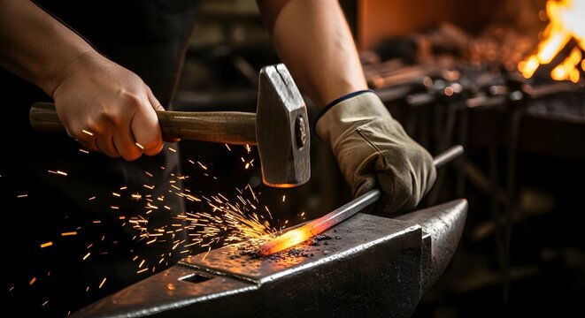 Close-up shot of a blacksmith shaping hot metal with a hammer on an anvil, sparks flying.