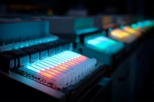 A row of illuminated laboratory test tubes glows in different colors on an analytical machine in a dark lab.