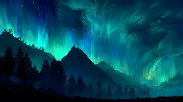 Dramatic green and blue auroras swirl above dark silhouetted mountains and pine forests at night. - Powered by Adobe