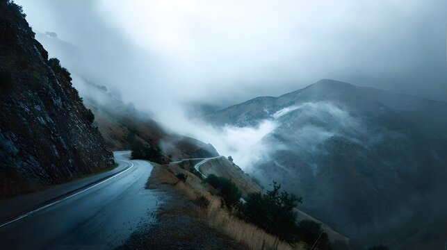 A winding mountain road disappears into thick mist on a rainy, overcast day. - Powered by Adobe