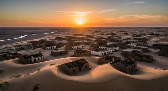 Aerial view of the abandoned town of Kolmanskop, Namibia, with sand dunes engulfing the buildings at sunset.