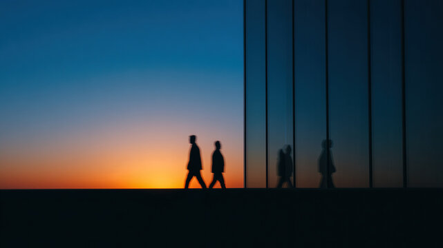 Silhouette business people walking modern office building sunset reflection skyline calm mood as two professionals cross glass facade during golden hour sleek architecture framing tranquil commute