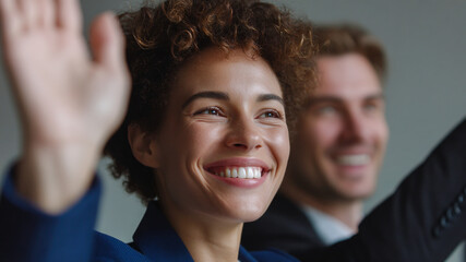 Smile happy teamwork high five applause success office business meeting support Positive smile and happy teamwork with high five and applause show success office business meeting and support