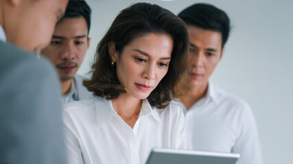 Focused teamwork asian business office meeting digital tablet collaboration professional strategy leadership discussion planning with calm determination and clarity in modern workspace