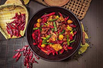 A spicy stir-fry with beef, dried chili, green vegetables, golden eggs or potatoes, garnished with sesame seeds and surrounded by rustic spices.
