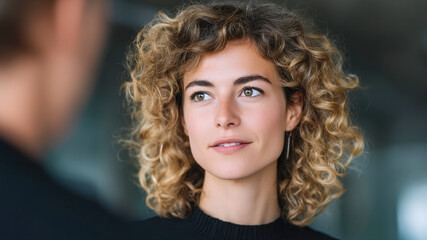 Confident businesswoman curly hair natural light professional portrait office focus thoughtful modern startup meeting. Confident entrepreneur listens during office meeting thoughtful gaze natural