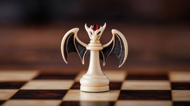 Unique White Fantasy Chess Piece on Wooden Chessboard