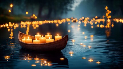 Serene Evening: Wooden Boat with Glowing Candles Floating on Tranquil Water
