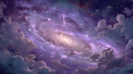 Obraz premium A luminous spiral galaxy swirls in a purple star-filled sky surrounded by soft, billowing clouds.