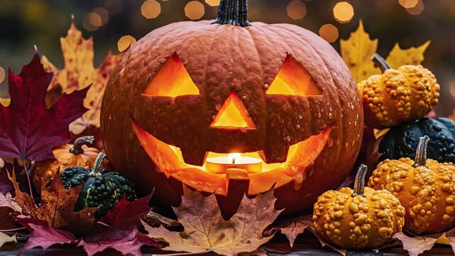 Carved pumpkin glowing candle light autumn leaves festive fall decoration
