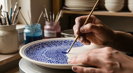 Close-up of an artist's hands carefully painting an intricate blue pattern onto a white ceramic plate in a pottery studio.