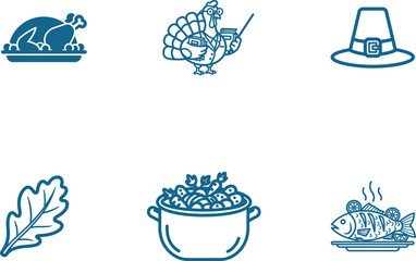 Thanksgiving holiday vector elements featuring roasted turkey professor turkey pilgrim hat casserole and fish festive food illustrations for celebrations and family gatherings delicious icons
