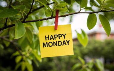 A yellow sticky note with happy monday written on it hanging from a tree branch with a red clip