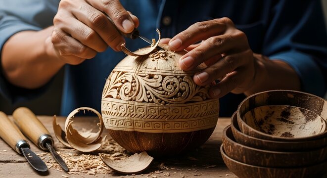 Artisan carving intricate designs into a coconut shell, creating a decorative bowl with tools.