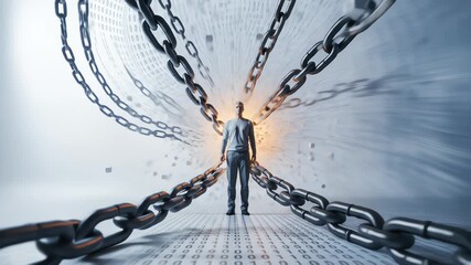Man standing amidst massive chains in a binary code tunnel representing blockchain security - Powered by Adobe