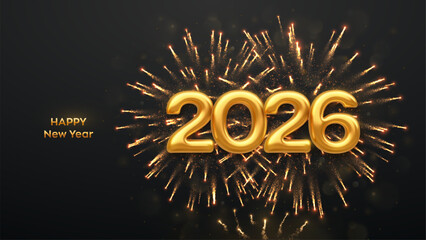 Happy New Year 2026. Golden 2026 numbers with sparkling fireworks and glowing bokeh lights on black background. Festive New Year celebration card, poster, party invitation design. Vector illustration.
