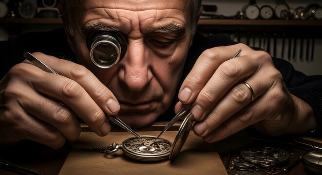 Elderly watchmaker meticulously repairing a vintage pocket watch with specialized tools and a loupe, demonstrating precision craftsmanship.