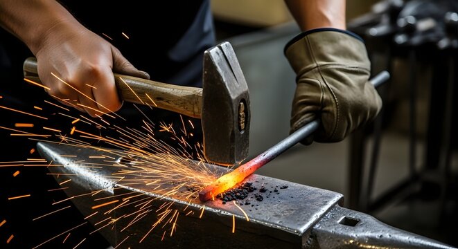 Blacksmith forging metal with hammer and anvil, sparks flying.
