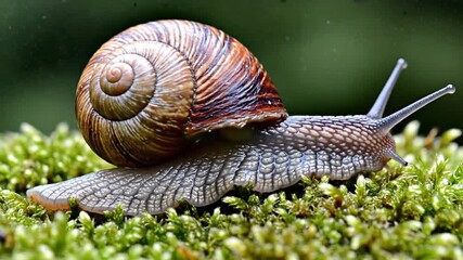 Garden snail crawling on moss leaving glistening slime trail - Powered by Adobe